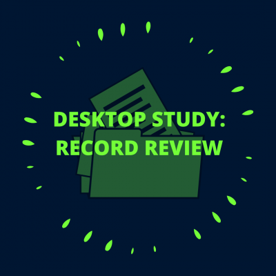 navy blue icon with neon green text reading "Desktop Study: Record Review" over a faint outline of a paper file