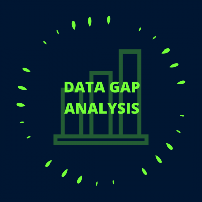 navy blue icon with neon green text reading "Data Gap Analysis" over a faint outline of bar graph