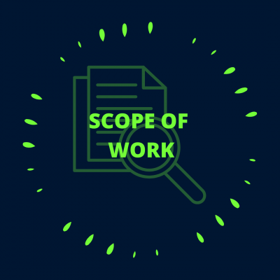 navy blue icon with neon green text reading "Scope of Work" over a faint outline of a magnifying glass looking at papers