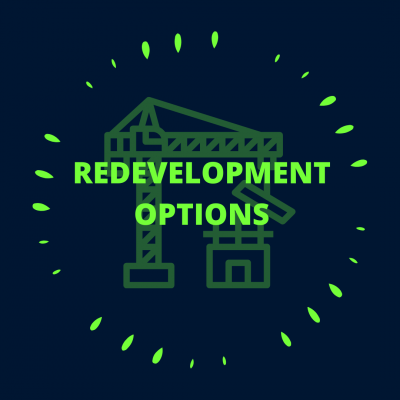 navy blue icon with neon green text reading "Redevelopment Options" over a faint outline of a construction crane building a house